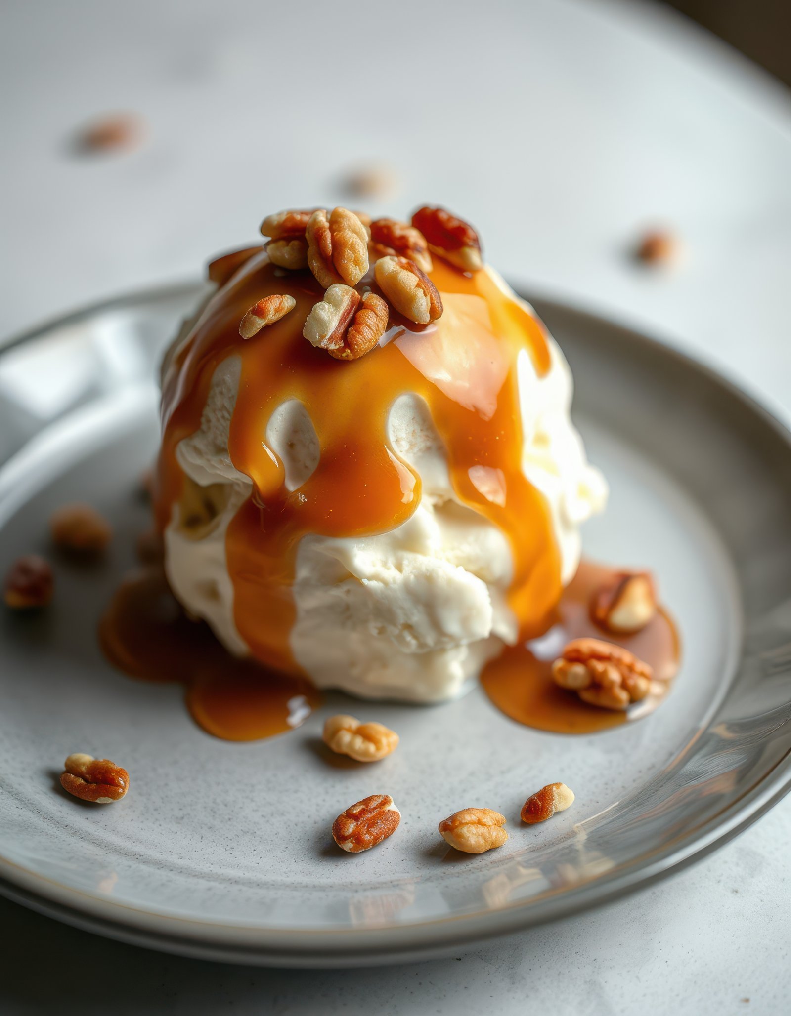 Delicious dessert with creamy vanilla ice cream topped with caramel and nuts served on a gray plate